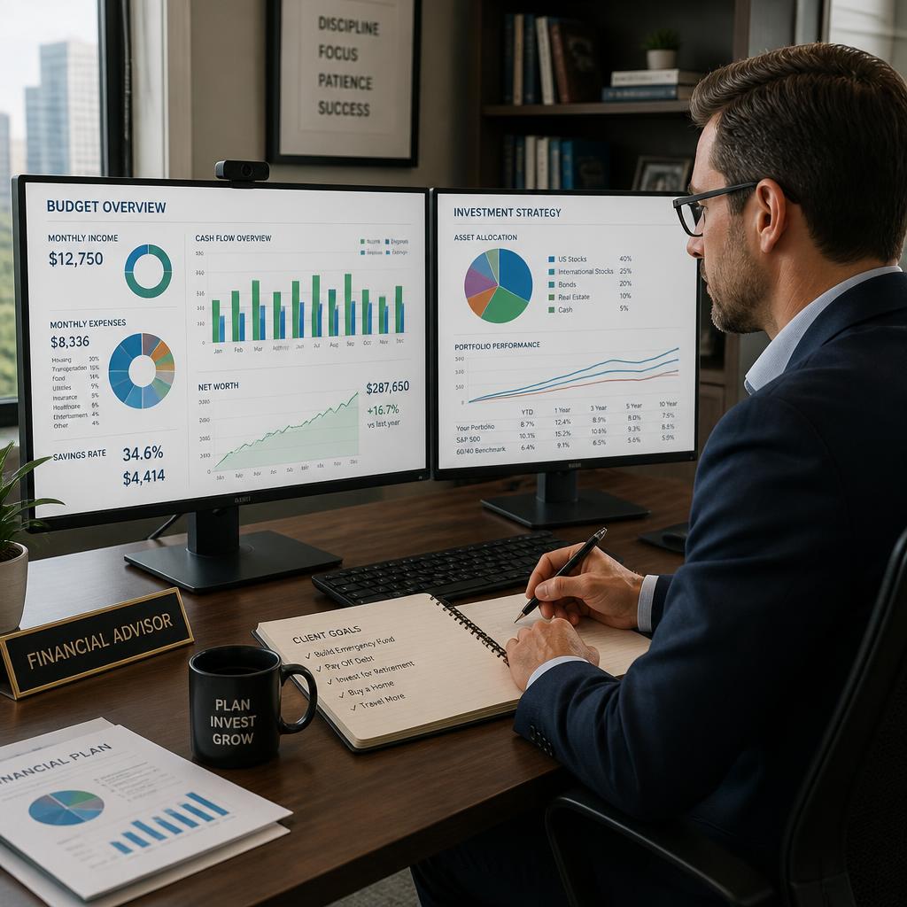 Financial advisor reviewing budget reports and investment strategies on computer screen